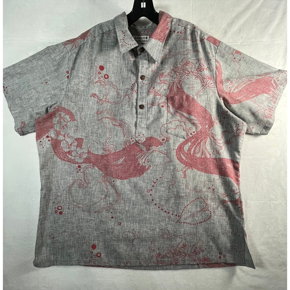 Nake'u Awai Honolulu Hawaii Mens 2XL Grey Red Graphic Print Pullover Aloha Shirt